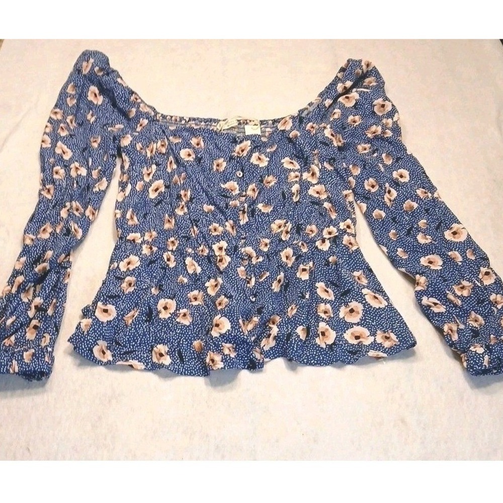 Lovestitch Womens Top Peplum Blue Floral Smocked Square‎ Neck New One-of-a-Kind